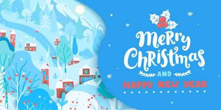 Merry christmas greeting card with winter landscape: town, trees,houses,mountain.Wishing happy New Year poster,flyer.Banner for new wintertime season with panoramic of countryside.Vector illustration.のイラスト素材