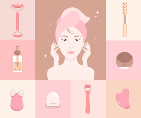 Woman face silhouette with cosmetics gadgets around.Excellent female skin with a facial roller, massager. Chinese medicine recommends.Cosmetic self-care.Advertising a beauty salon.Vector illustration.のイラスト素材