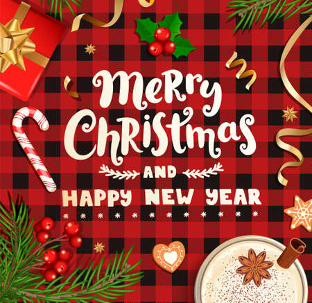 Merry christmas and happy New Year wishing card for new 2021 season.Banner with christmas gifts, holiday elements on checkered pattern with black-red stripes and squares.Top view.Vector Illustration.のイラスト素材