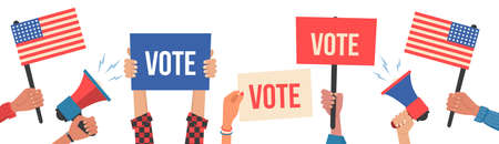2020 Presidential Election in United States of America.Hands holding vote tablets,placards on demonstration.People with megaphones,banners,empty vote signs.Election concept campaig.Vector illustrationのイラスト素材