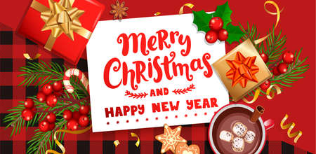 Merry christmas wishing card for new 2021 season.Happy new year greeting banner with christmas gifts, holiday elements on checkered pattern with black-red stripes and squares.Vector Illustration.のイラスト素材