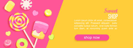 Sweet shop horizontal banner with candy, marmalade, marshmallows and place for text for your design. Great for kids menu, caffee, posters, web, cards, cafeteris advertise.Template vector illustration.のイラスト素材