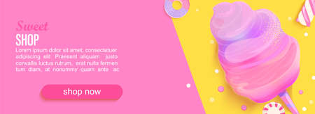 Sweet shop horizontal banner with cotton candy,marmalade, marshmallows,place for text for your design. Great for kids menu,caffee,posters,web, cards, cafeteris advertise.Template vector illustration.のイラスト素材