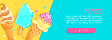 Sweet shop horizontal banner with ice creams and place for text for your design. Great for kids menu, caffee, posters, web, cards, cafeteris advertise.Template vector illustration.のイラスト素材