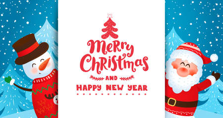 Greeting card with Santa and snowman wishing merry christmas and happy New Year and inviting to new season 2021.Banner,flyer for seasonal holidays with place for text. Vector illustration.のイラスト素材