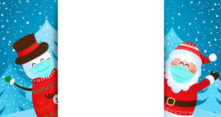 Greeting card with Santa and snowman in masks wishing merry christmas and happy New Year and inviting to new season 2021.Banner,flyer for seasonal holidays with place for text. Vector illustration.のイラスト素材