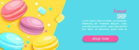 Sweet shop horizontal banner with macaroons and marshmallow and place for text for your design.Great for kids menu, caffee, sweets posters,web, cards, cafeteris advertise.Template vector illustration.のイラスト素材