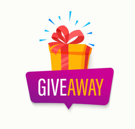 Giveaway banner, Win poster with isolated gift box with prize to winner. Template design for social media posts, web bannerswith bubble. Offer reward in contest, vector illustration.のイラスト素材