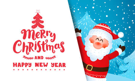 Greeting card from Santa Claus, wishing merry christmas and happy New Year and inviting to new season 2021.Banner,flyer for seasonal holidays with place for text. Vector illustration.のイラスト素材