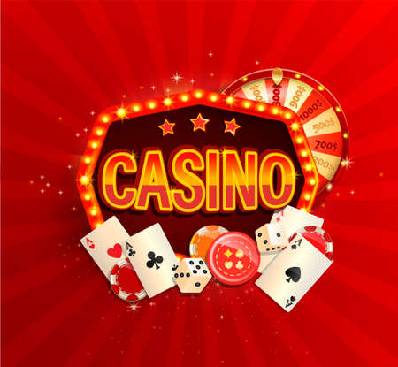 Online casino banner in vintage light frame with poker cards, playing dice, chips, fortune wheel and other gambling design elements. Invitation poster template on shiny background.Vector illustration.のイラスト素材