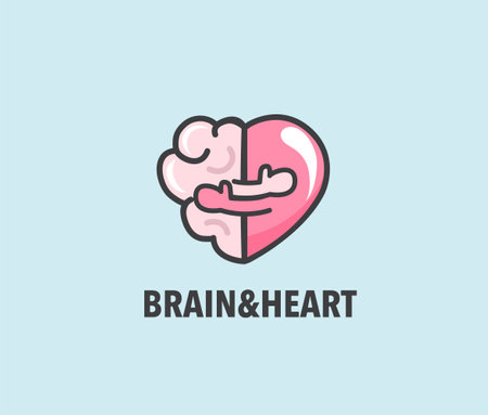 Halves of heart and brain that are hugging. Warm hugs of rational and emotion as symbol of health. Close embrace as physical and mental love logo. Banner, flyer, web poster. Vector illustrationのイラスト素材