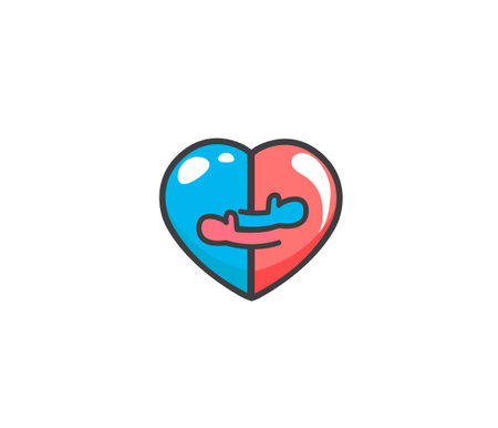 Two halves of a heart that are hugging. Warm hugs of man and woman as symbol of family. Close embrace as love logo. Banner, flyer, web poster to valentines day. Vector illustrationのイラスト素材