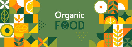 Organic food banner in flat style. Fruits and cereals geometry minimalistic with simple shape and figure.Great for flyer, web poster, natural products presentation templates, cover design. Vector .のイラスト素材