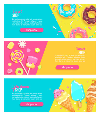 Set of sweet shop horizontal banners with marshmallow,ice creams and place for text for your design.Great template for kids menuのイラスト素材
