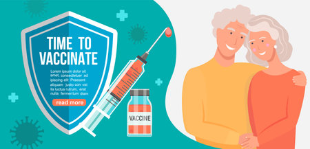 Time to vaccinate grandparents banner.Call for vaccine use.Injection that protects health.Health care concept in social media campaign,flyer.Coronavirus 2019 nCoV disease defeat,end of pandemic.Vectorのイラスト素材