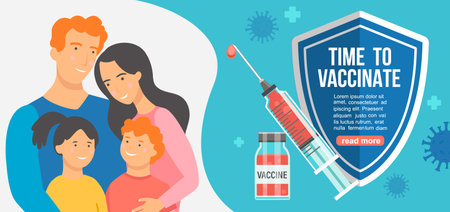 Time to family vaccinate banner.Call for vaccine use.Injection that protects health.Health care concept in social media campaign,flyer.   disease defeat,end of pandemic.Vectorのイラスト素材