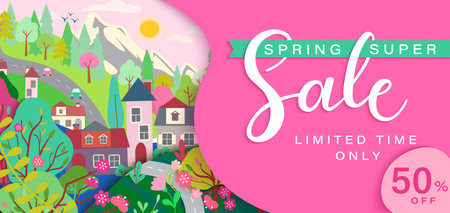 Spring sale card with springtime landscape: trees, flowers, houses, mountain.Big discounts in new season with panoramic of countryside. Banner, poster, card, flyer with clearance.Vector illustration.のイラスト素材
