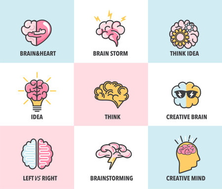 Big set of brain concepts,isolated logo.Brainstorming,idea,creativity,inspiration,strategy,nonstandard thinking.Icons with brain,light bulb,gears,sunglasses,lightning.Creative mind,business set.Vectorのイラスト素材