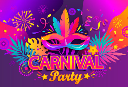 Carnival party banner, invitation card. Mask with feathers for festive on fluid gradient background. Traditional masque for carnaval, fesival,masquerade,parade.Template for design flyer,poster. Vectorのイラスト素材
