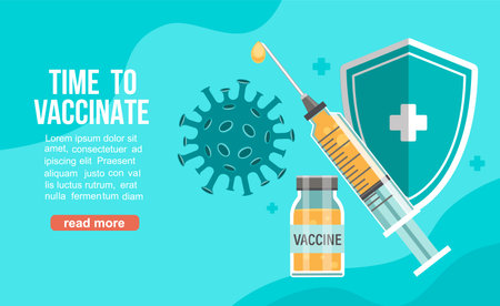 Time to vaccinate banner.Call for vaccine use.An injection that protects health.Health care concept in social media campaign,poster,flyer.Coronavirus 2019 nCoV disease defeat, end of pandemic.Vectorのイラスト素材