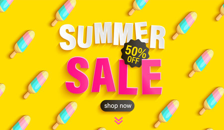 Summer Sale banner with ice cream pattern on yellow background, hot season big discounts poster.Invitation for shopping, special offer card, template design for promotions, flyers.Vector illustration.のイラスト素材