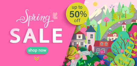 Spring sale flyer,banner with springtime landscape: trees, flowers, houses, mountain.Big discounts in new season with panoramic of countryside.Poster, card with clearance.Vector illustration.のイラスト素材