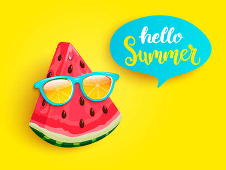 Hipster watermelon in orange sunglasses greeting summer on yellow background. Welcome banner for hot...