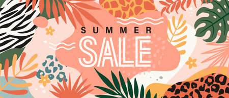 Summer Sale banner, invitation for shopping in hot season, with animal print.Discount poster, flyer, card with tropical leaves.Special offer for fashion retail, template for design.Vector illustrationのイラスト素材