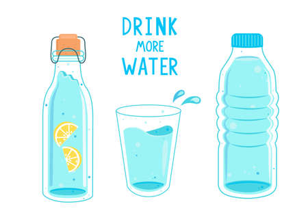 Drink more water, calling banner. Set of water in bottles and glass. Hand drawn cute vector illustartion. H2O for health. Body care.のイラスト素材