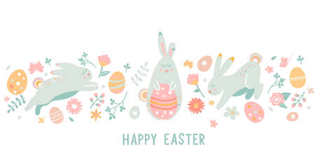 Happy easter wishing horizontal card, banner. Happy holiday with beautiful painted eggs, bunnies and flowers. Great for posters, invitations, flyers, web, articles. Spring Celebration Design. Vector.のイラスト素材