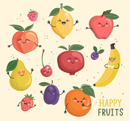 Big set of funny cheerful,friendly fruits and berries comic characters.Sweet kawaii smiling summer delicacy,tasty healthy food for kids designs and decorations, isolated. Vector illustration.のイラスト素材