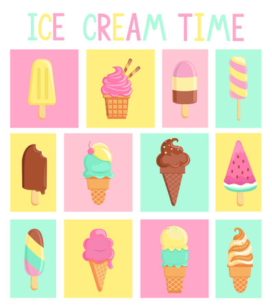 Set of isolated vintage cards with ice creams.のイラスト素材