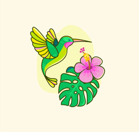 Funny colorful hummingbird flying near the flower.のイラスト素材