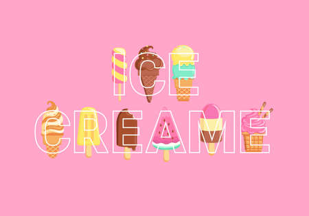 Word ice creams full of sundaes on background.のイラスト素材