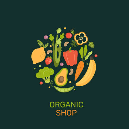 Organic shop banner with cartoon vegetables,berries,fruits.のイラスト素材