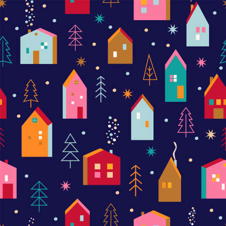 Christmas seamless pattern,houses,christmas trees.のイラスト素材