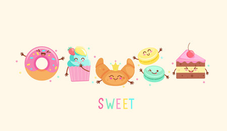Funny tasty sweet bakery food icons.のイラスト素材