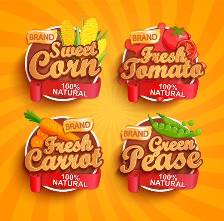 Logo,label or sticker fresh tomato,corn,carrot,peaのイラスト素材