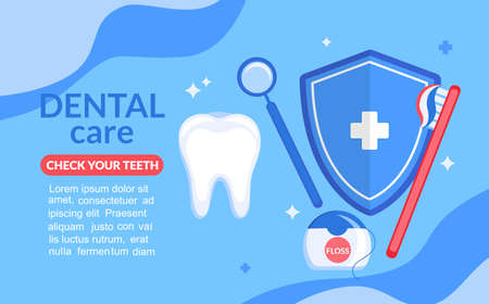 Dental care, white tooth with toothbrush,floss.のイラスト素材