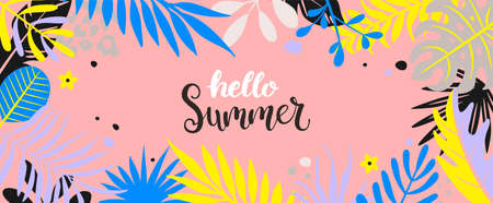 Hello summer 2022 in tropical leaves banner.のイラスト素材