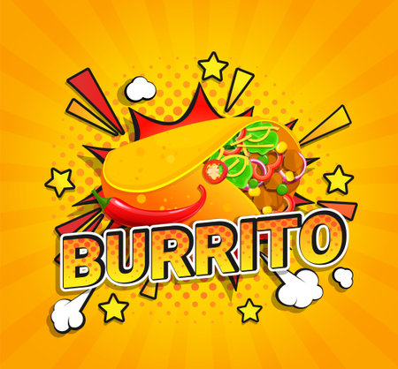 Burrito flyer on sunburst halftone background.のイラスト素材