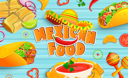 Mexican food banner on wooden background.のイラスト素材