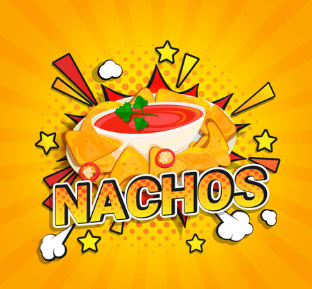 Nachos flyer on sunburst halftone background.のイラスト素材