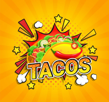 Tacos flyer on sunburst halftone background.のイラスト素材