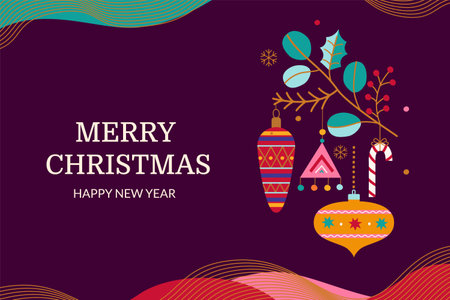 Merry Christmas greeting card with branch and toysのイラスト素材