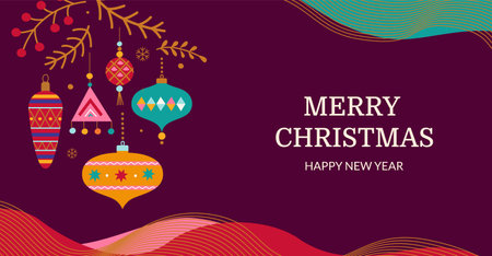 Christmas greeting card with branch and toysのイラスト素材