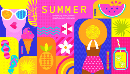 Hot summer party poster with summertime elements.のイラスト素材