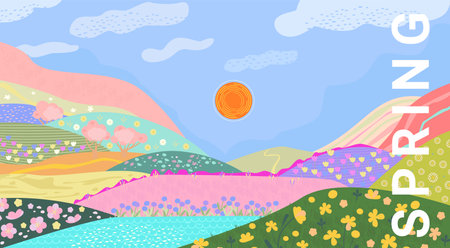 Green grass meadow with flowers on hills.のイラスト素材