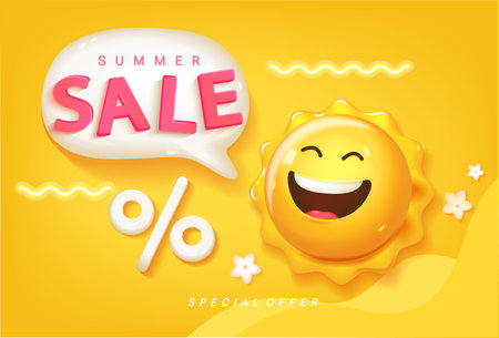 Summer Sale banner with smiling 3d sun.のイラスト素材
