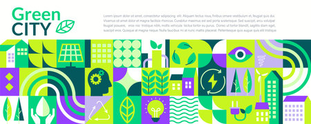 Green city horizontal banner,geometric flat style.のイラスト素材